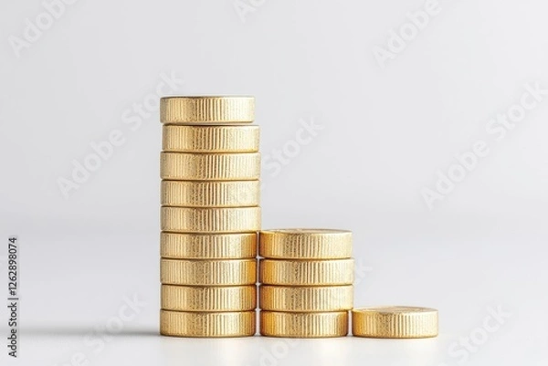 Fototapeta A stack of shining gold coins arranged in a gradual incline, symbolizing wealth and prosperity against a neutral background.