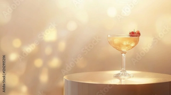 Fototapeta A glass of cocktail with an elegant garnish placed on a sleek podium, set against a softly blurred background.