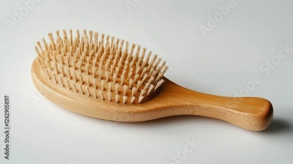 Fototapeta A hairbrush with hair loss visible on the bristles, isolated on a clean white background, showing the effects of thinning hair.