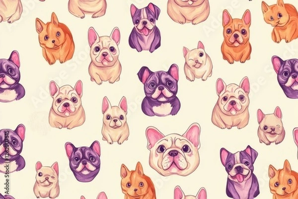 Fototapeta Small draw dog pattern, with pastel pink, purple and orange on a cream background.
