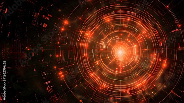 Fototapeta Abstract digital background with glowing circular patterns and vibrant red hues, suggesting technology