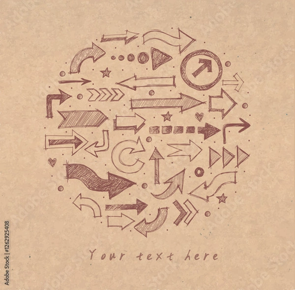 Obraz Hand-drawn doodle sketch arrows in various styles arranged in a circular pattern on old brown kraft paper