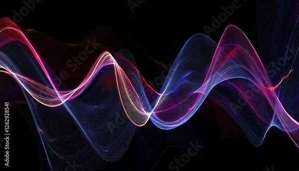 Fototapeta vibrant neon light wave pattern on black background, abstract energy flow with glowing curves for futuristic digital design