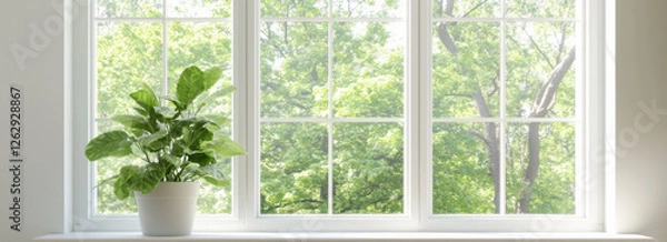 Obraz potted green plant sits on windowsill with bright view of lush green trees outside, creating serene and refreshing atmosphere