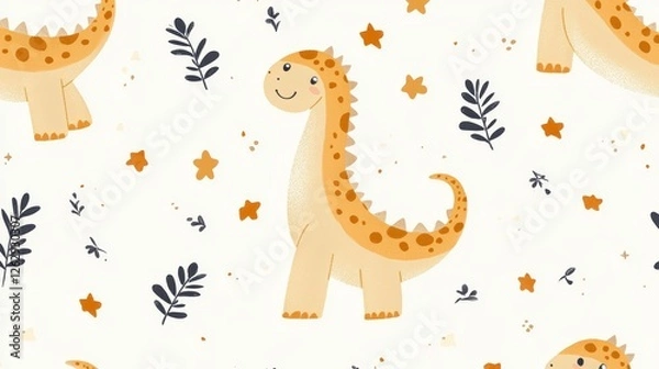 Fototapeta Funny baby pattern with cute brachiosaurus, kids print, greeting card. Seamless background with prehistoric animals, cute vector texture for baby bedding, fabric, wallpaper, wrapping paper, textile, t