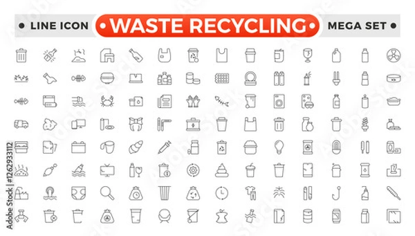 Fototapeta Waste Recycling outline icons. Garbage disposal. Trash separation, waste sorting with further recycling.Plastic bottle, biodegradable trash, junk truck, landfill, paper, glass, battery, conveyor.