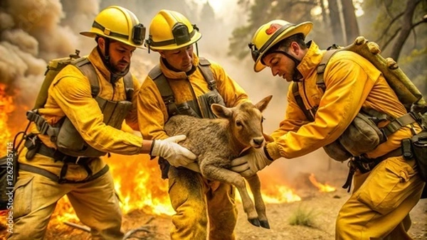 Obraz Firefighters rescuing a trapped animal from the wildfire zone in California