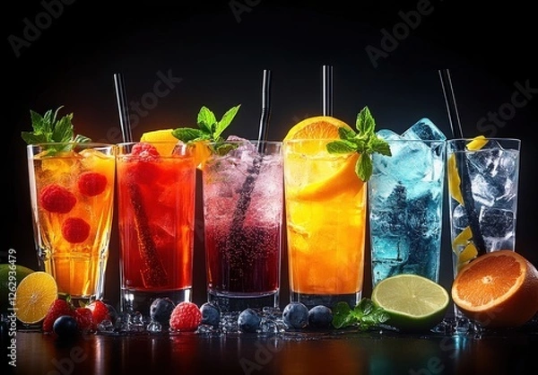 Fototapeta Vibrant Cocktails Collection with Fresh Fruits and Ice on Black Background