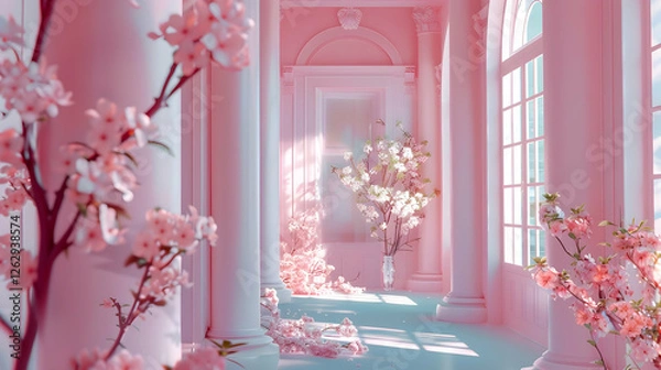 Fototapeta Serene pink-hued corridor adorned with blossoming trees, sunlight filtering through grand windows
