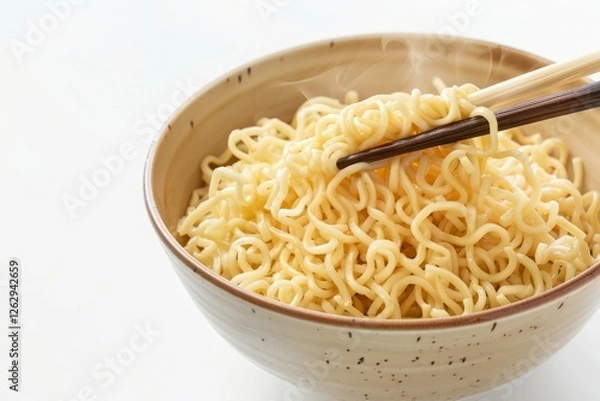 Obraz Fresh noodles in white bowl with chopsticks on white background. Neural network AI generated