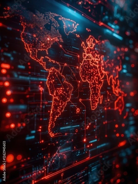Obraz A digital representation of a world map, glowing in red with circuit-like patterns and data streams, symbolizing technology and global connectivity.