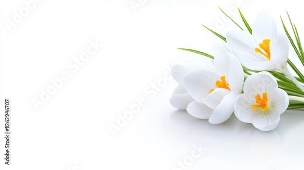 Fototapeta White Crocus Blossoms Background with Copy Space Floral Wedding Background Macro shot of fragile spring wedding sympathy flowers