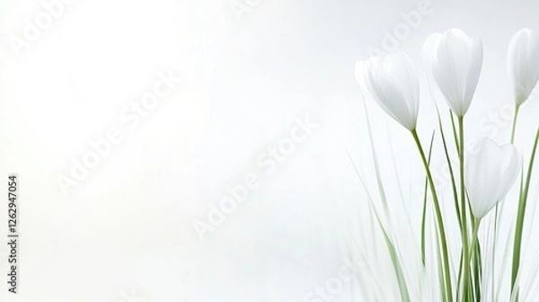 Fototapeta White Crocus Blossoms Background with Copy Space Floral Wedding Background Macro shot of fragile spring wedding sympathy flowers