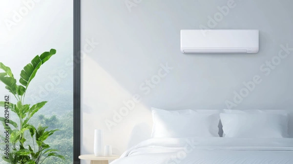 Obraz modern bedroom with high capacity air conditioner, white bedding, and green plant by large window, creating serene atmosphere