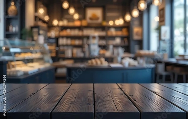 Fototapeta wooden table top with blur background of bakery shop. Generative ai