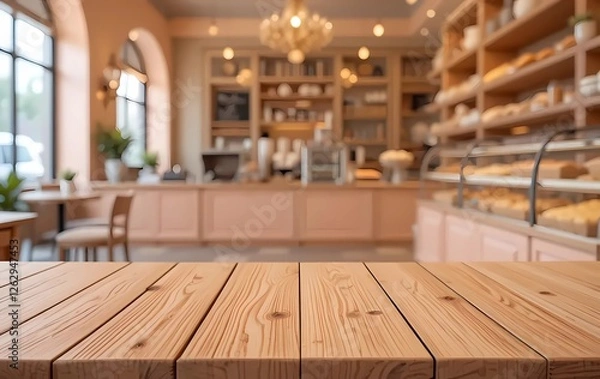 Fototapeta wooden table top with blur background of bakery shop. Generative ai