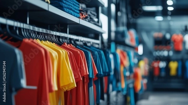 Fototapeta An image of clothing store. Trendy sports apparel. A collection of a store showcased. A picture of a lifestyle clothing shop.