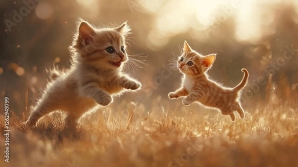 Fototapeta small Dog and kitten Playing Together in a field , cat jumping and the dog backing off
