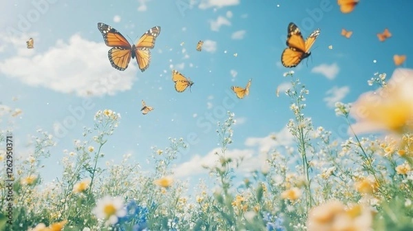 Obraz Monarch Butterflies Soaring Over A Sunny Wildflower Meadow