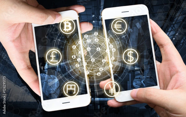 Fototapeta Two Businessman hands holding smartphones. Fintech concept , Peer-to-peer concept with map and world connect , hi-tech building abstract background