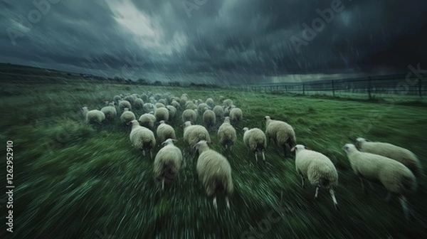 Fototapeta Flock of Sheep Running Across a Lush Green Pasture During a Dramatic Storm
