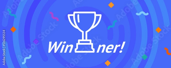 Obraz Vector cup. Thin line winner cup. Trophy cup icon. White Cup isolated on blue background. Winner cup. Victory cup icon. Trophy cup symbol. First place cup. Minimalistic hipster cup. Winner cup.