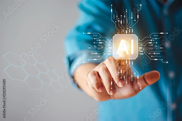 Obraz Man scans finger through touch screen