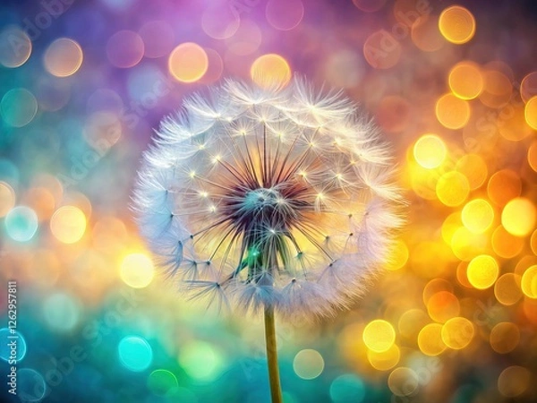 Fototapeta Floating dandelion seeds, a close-up nature scene.