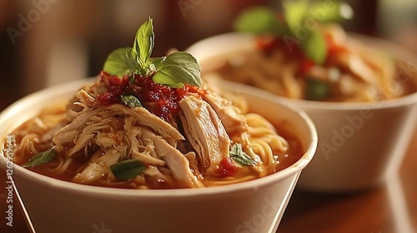 Fototapeta Indonesian bakmi tapau with noodle soup, boiled chicken, and fresh herbs, served in a traditional takeout container