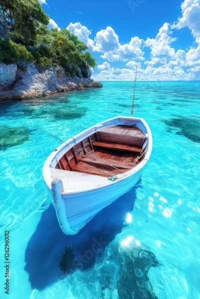 Obraz Small White Boat Floating on Crystal Clear Tropical Water