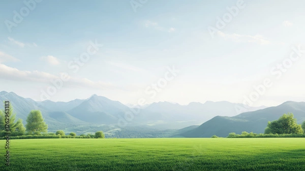 Fototapeta Green meadow stretches toward distant mountains under a soft, clear sky, creating peaceful landscape