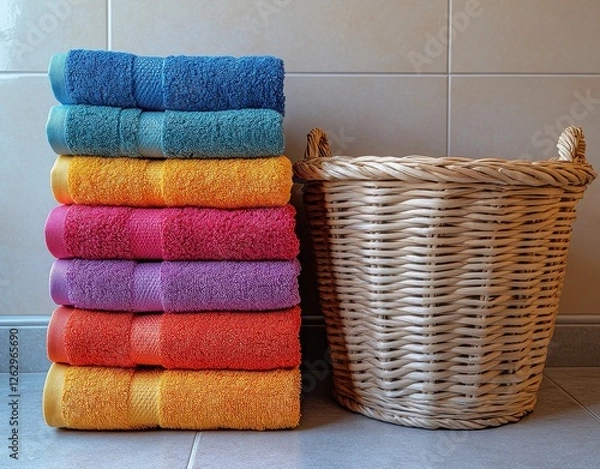 Fototapeta Stack of colorful towels neatly arranged in front of a bathroom setting.