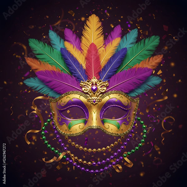Fototapeta Colorful Mardi Gras mask with beads and feathers decor on a background, perfect for carnival, Mardi Gras, party, celebration, and theme-related concepts. Generative AI