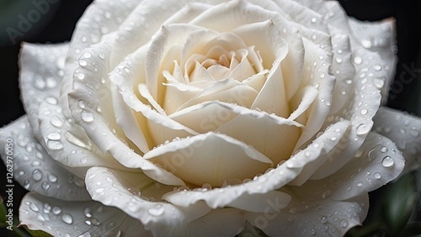 Fototapeta "AI-Generated White Rose with Droplets on Black Background Banner with Copy Space"