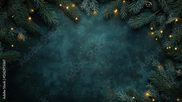 Fototapeta Festive Christmas Background with Dark Teal Texture, Fir Branches and Golden Bokeh Lights