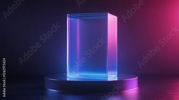 Fototapeta Abstract Neon Glass Box on Round Platform Futuristic Minimalist Design