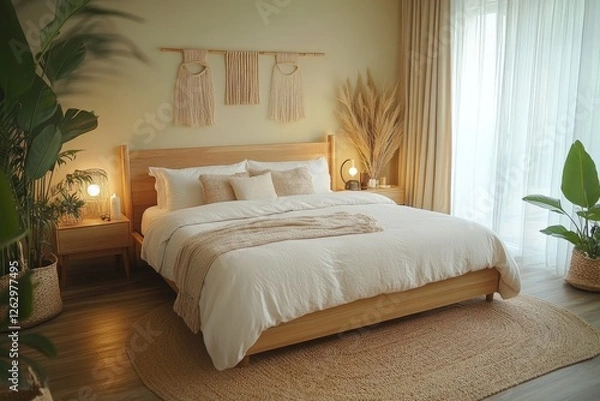Fototapeta Cozy bedroom design with natural elements and soft lighting in a contemporary home setting