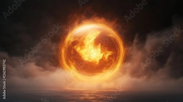 Fototapeta Fiery Sphere Floating Over Water Intense Energy Ball with Flames and Smoke
