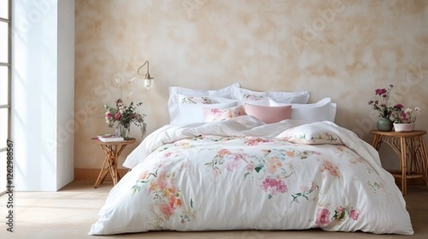 Fototapeta A cozy, floral-themed bedroom featuring a soft duvet, decorative pillows, and warm wooden accents, creating a serene and inviting atmosphere.