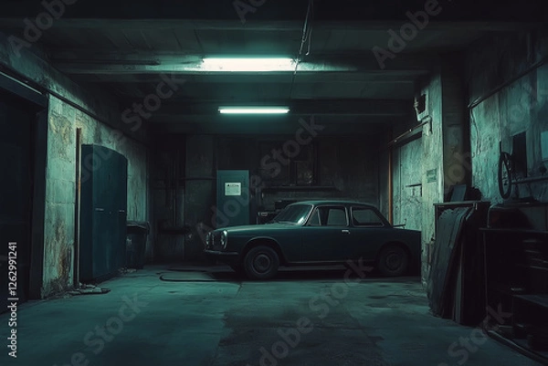 Obraz Abandoned factory with an old car in a dark grunge interior