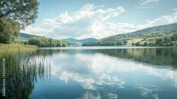 Fototapeta Tranquil Lakeside Scene with Lush Greenery and Blue Sky Reflections