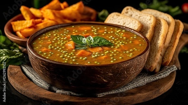 Fototapeta Indonesian bubur kacang hijau with mung beans, coconut milk, and palm sugar syrup, served in a rustic bowl 