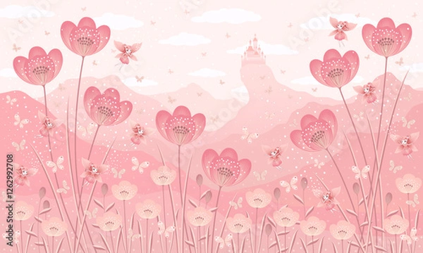 Fototapeta Children's colored wallpaper with a drawing. Stylish illustration of little fairies fluttering among flowers on the background of a magical castle in pink shades. Design for a children's room