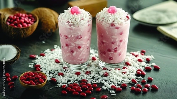Fototapeta Indonesian es kacang merah with red beans, shaved ice, coconut milk, and palm sugar syrup, served in a traditional glass 