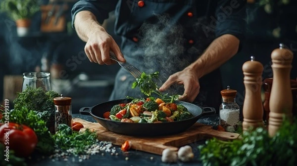 Fototapeta A chef cooking a beautifully plated dish with fresh vegetables and herbs, showcasing culinary expertise.