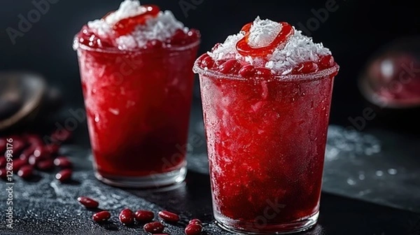 Fototapeta Indonesian es kacang merah with red beans, shaved ice, coconut milk, and palm sugar syrup, served in a traditional glass