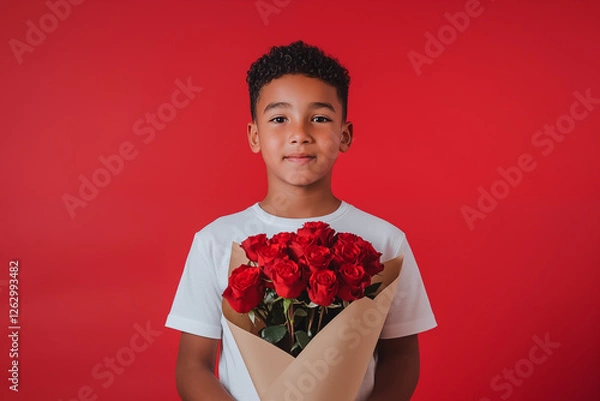 Obraz A young boy holds a bouquet of roses wrapped in brown paper against a red background
