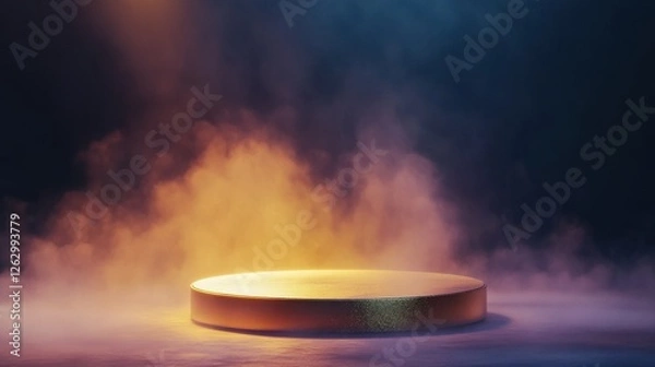 Fototapeta Golden Product Display Podium with Ethereal Smoke and Atmospheric Lighting for Showcase and Presentation.