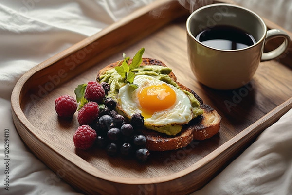 Obraz A wooden tray holds avocado toast, fresh berries, and a sunny-side-up egg, paired with steaming coffee