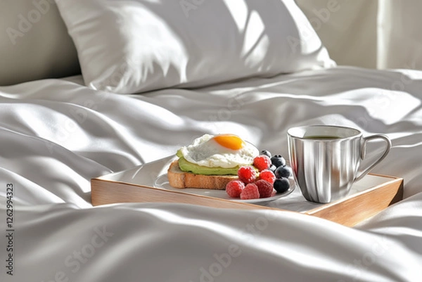 Obraz A cozy breakfast in bed with avocado toast, a sunny-side-up egg, and coffee in a stainless steel mug